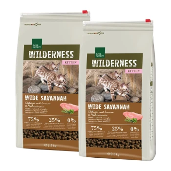 Zwei 2,5 kg Beutel "Wilderness Kitten Wide Savannah" Katzenfutter, mit verspielten Kätzchen und 75% Geflügel, Lamm und 25% Wild.