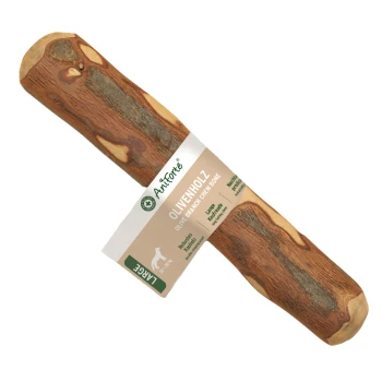 Natürlicher Hundekau-Stick mit einer strukturierten Rinde, mit einem Etikett, das anzeigt, dass es sich um eine große Größe handelt und für Hunde geeignet ist.