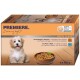 Boîte de nourriture pour chiens étiquetée "Premiere" avec un chien mignon, avec un texte indiquant les saveurs : volaille & légumes, dinde & bœuf, formule sans céréales.