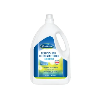 Weiße 3-L-Bactador-Kanne mit blauem Etikett „Geruchs- und Fleckenentferner Konzentrat“ und „Odour and Stain Remover Concentrate“.