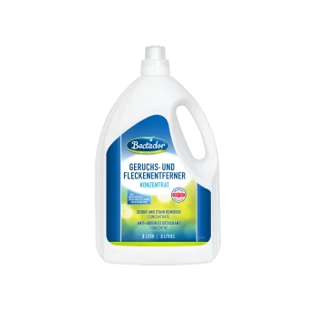 Weiße 3-L-Bactador-Kanne mit blauem Etikett „Geruchs- und Fleckenentferner Konzentrat“ und „Odour and Stain Remover Concentrate“.