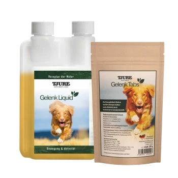 Gelenk Liquid und Gelenk Tabs Haustierergänzungen von TJURE, mit einem laufenden Hund auf der Verpackung, die die Gelenkgesundheit und Aktivität fördern.