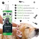 Bugalugs Aloe & Kiwi Shampoo-Flasche mit Cartoon-Hund-Label. Eine Person wäscht den Kopf eines Hundes damit und hebt die Hautvorteile hervor.