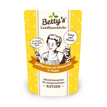 Die Verpackung von Betty's Landhausküche Katzenfutter zeigt einen Koch und eine Katze, mit Text über Geflügel, Borretschöl, Taurin und Katzenfutter für Erwachsene.