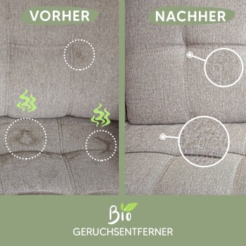 Vorher-Nachher eines Sofas: links zeigt Flecken mit der Beschriftung "VORHER," rechts ist sauber mit der Beschriftung "NACHHER," mit "Bio GERUCHSENTFERNER" darunter.