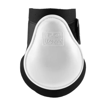 Schwarze und weiße Pferdeboot mit glänzender weißer Schale und einem schwarzen elastischen Riemen, mit dem Eskadron-Logo.