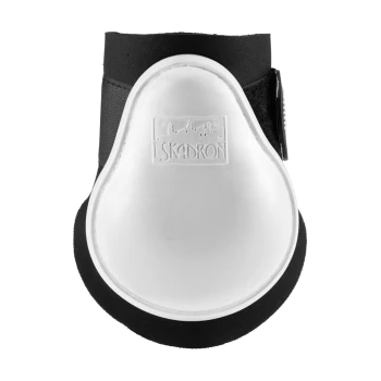Schwarze und weiße Pferdeboot mit glänzender weißer Schale und einem schwarzen elastischen Riemen, mit dem Eskadron-Logo.