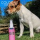 A small brown and white dog stands beside a pink spray bottle labeled "COLGNE FOR DOGS" by ANCOL, set against a green lawn and blue sky.
