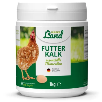 Behälter mit HühnerLand Futter Kalk (1 kg) mit einer braunen Henne und einem Ei, beschriftet mit 'essenzielle Mineralien' und einem deutschen Qualitätszeichen.