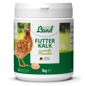 Behälter mit HühnerLand Futter Kalk (1 kg) mit einer braunen Henne und einem Ei, beschriftet mit 'essenzielle Mineralien' und einem deutschen Qualitätszeichen.