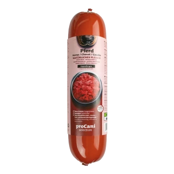 Rote, wurstförmige Verpackung mit der Aufschrift "Pferd" und einer Schüssel mit gewürfeltem Fleisch, die hypoallergene und ein Proteinmerkmale hervorhebt.