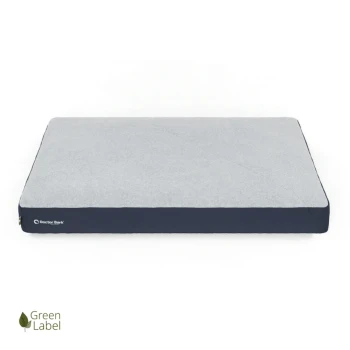 Graues Haustierbett mit einem marineblauen Rand, mit dem Logo "Doctor Bark" und einem "Green Label" Emblem.