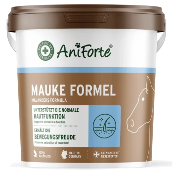 Behälter von AniForte Mauke Formel, einem Pferde-Nahrungsergänzungsmittel, mit Text auf Deutsch über Hautunterstützung und Bewegungsfreude, mit einer Pferdeillustration.