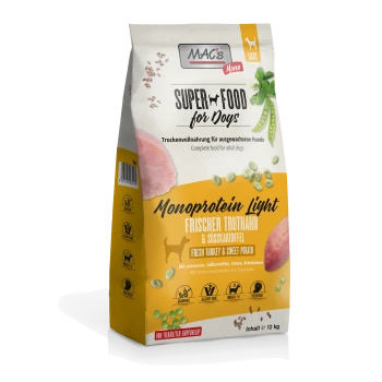Hundefutterbeutel mit der Aufschrift "MAC's Mono Super Food for Dogs", mit "Monoprotein Light" mit frischem Truthahn und Süßkartoffel, 12 kg.