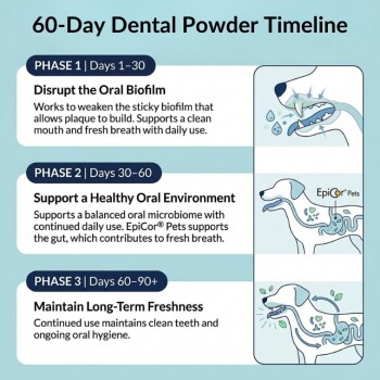 '60-Day Dental Powder Timeline' infographic: Disrupt oral biofilm; Support oral health; Maintain freshness. Dog image.