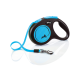 A retractable dog leash with a black handle and a bright blue strap, featuring a honeycomb design on the casing.