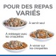 Trois bols de nourriture pour animaux avec le texte français "Pour des repas variés," montrant différentes suggestions de service.