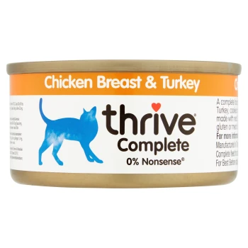 Cat Complete 12x75g Hühnerbrust und Truthahn Dose Katzenfutter mit der Aufschrift "Thrive Complete", die Hühnerbrust und Truthahn zeigt, mit einer blauen Katzensilhouette und dem Slogan "0 % Unsinn".