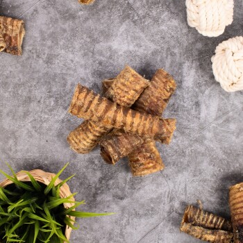 Ein Haufen strukturierter Hundekauartikel, die auf einer grauen Oberfläche angeordnet sind, mit einem kleinen Korb mit grünem Gras und zwei weißen Seilspielzeugen in der Nähe.