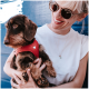 Eine Person hält einen kleinen, braun-schwarzen Hund mit einem roten Geschirr mit einem Herzsymbol, vor einem blauen Hintergrund.