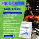 Aqua-Cereal Teichreparaturverpackung, die Vorteile für die Wasserqualität und Algenreduzierung zeigt, mit Koi-Fischen im Teichhintergrund.