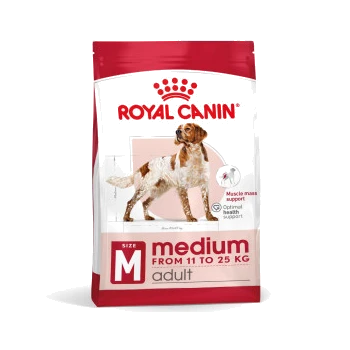 Royal Canin Medium Adult dog food bag, featuring a white and brown dog silhouette, labeled for dogs weighing 11 to 25 kg.