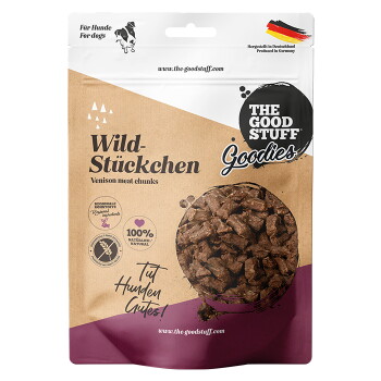 Tüte von The Good Stuff Goodies 'Wild-Stückchen' Hirschfleisch-Happen für Hunde, 100% natürlich.