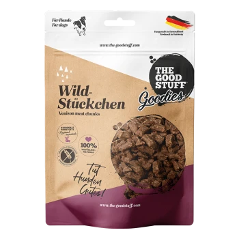 Tüte von The Good Stuff Goodies 'Wild-Stückchen' Hirschfleisch-Happen für Hunde, 100% natürlich.