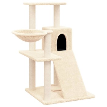 Ein beiger Katzenbaum mit mehreren Ebenen, einer gemütlichen schalenförmigen Plattform, einem Versteck und einer Rampe für einfachen Zugang.