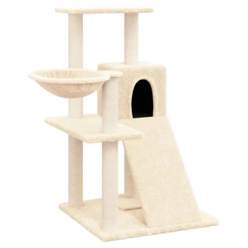 Ein beiger Katzenbaum mit mehreren Ebenen, einer gemütlichen schalenförmigen Plattform, einem Versteck und einer Rampe für einfachen Zugang.