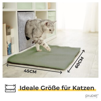Eine graue getigerte Katze tritt aus einer grauen Filzkiste, mit einer grünen Matte, die 45CM mal 60CM misst, davor. Der Text lautet "Ideale Größe für Katzen."