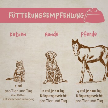 Fütterungsempfehlung-Diagramm für Katzen, Hunde und Pferde, das die tägliche Dosierung angibt: 1 ml für Katzen, 2 ml pro 10 kg für Hunde, 4 ml pro 100 kg für Pferde.