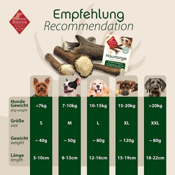 Diagramm, das natürliche Kaustangen für Hunde empfiehlt, zeigt Gewichtskategorien und Größen. Text auf Deutsch: "Empfehlung" und "Hunde Gewicht."