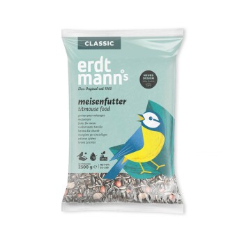 Sack Erdtmann's Classic Meisenfutter, 2500 g, mit einer blauen und gelben Vogelillustration auf hellblauem Hintergrund.