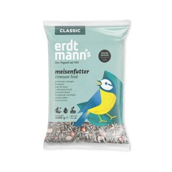 Sack Erdtmann's Classic Meisenfutter, 2500 g, mit einer blauen und gelben Vogelillustration auf hellblauem Hintergrund.