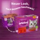 Whiskas kattenvoer verpakking met twee dozen: de ene toont een grijze kat, de andere een kattengezicht, met tekst over verbeterde smaak en klassieke saus.
