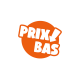 Badge circulaire orange avec texte blanc en gras 'PRIX BAS' et une flèche vers le bas, indiquant un prix bas.