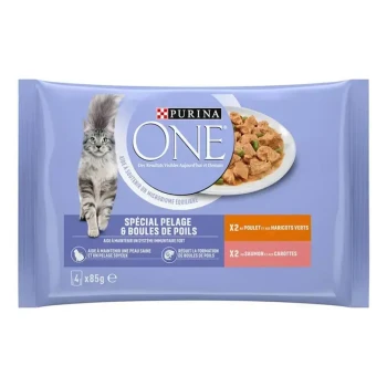 Emballage de nourriture pour chats Purina ONE avec un chat gris et un bol de nourriture. Texte : "Spécial Pelage & Boules de Poils," "X2 poulet & haricots," "X2 saumon & carottes."