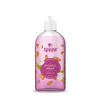 Flasche Speed Almond Shampoo, pink mit floralen und mandelartigen Grafiken, beschriftet mit "SHAMPOO almond" und "CLEAN & GLOSS."