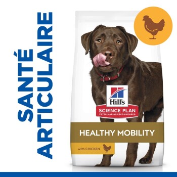 Sac de nourriture pour chiens Hill's Science Plan présentant "Mobilité Saine" avec du poulet, accompagné d'un graphique de poulet et du texte "Santé Articulaire."