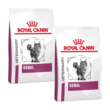 Deux sacs de nourriture pour chats Royal Canin Veterinary Renal, présentant un chat tigré gris sur le devant et un texte en gras indiquant "VETERINARY" et "RENAL."