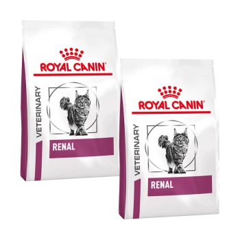 Zwei Beutel Royal Canin Veterinary Renal Katzenfutter, mit einer grauen getigerten Katze auf der Vorderseite und fettem Text, der "VETERINÄR" und "RENAL" besagt.