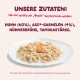 Teller mit zerpflücktem Huhn und Garnelen; deutscher Text: UNSERE ZUTATEN: HUHN (60%), ASC*-GARNELEN (4%), HÜHNERBRÜHE, TAPIOKASTÄRKE