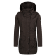 Eine dunkelbraune, kapuzenlose Parkajacke mit Reißverschluss- und Knopfverschluss, zwei Fronttaschen und dekorativen Schulterdetails.