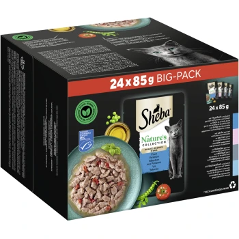Nature's Collection Fisch Variation in Sauce MSC Multipack 24x85g Sheba Nature's Collection Katzenfutter große Packung, 24 x 85g, mit einer Schüssel mit Nassfutter, Fisch, Erbsen und Tomaten, und einer grauen Katze auf der Verpackung.