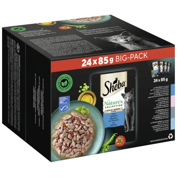 Nourriture pour chats Sheba Nature's Collection grand format, 24 x 85g, avec un bol de nourriture humide contenant du poisson, des pois et des tomates, et un chat gris sur la boîte.