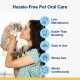 Woman holding a fluffy gray cat next to headline 'Hassle-Free Pet Oral Care'