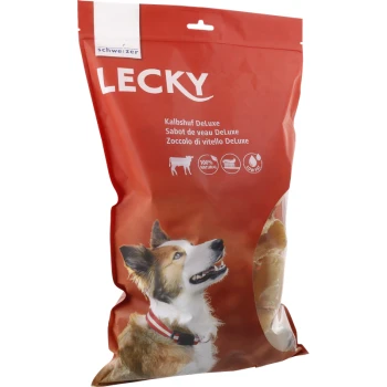 Un sac rouge de friandises pour chiens Lecky avec un chien heureux sur le devant, étiqueté 'Kalbshuf DeLuxe' et '100% Naturel.'
