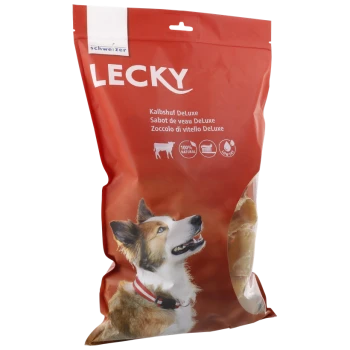 Eine rote Tüte Lecky-Hundeleckerlis mit einem glücklichen Hund auf der Vorderseite, beschriftet mit "Kalbshuf DeLuxe" und "100% Natürlich."