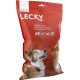 Un sac rouge de friandises pour chiens Lecky avec un chien heureux sur le devant, étiqueté 'Kalbshuf DeLuxe' et '100% Naturel.'